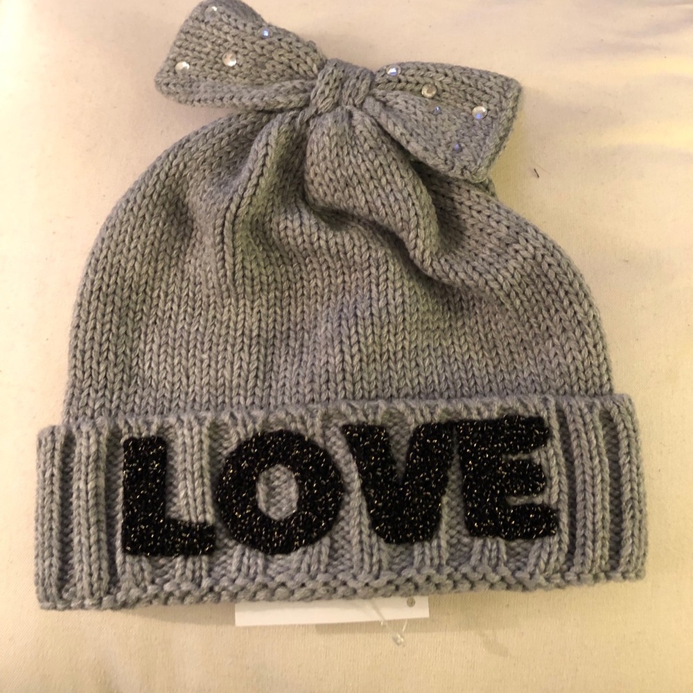 Neiman Marcus Renee NYC gray LOVE knit cap with crystal bow